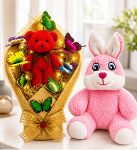 Peluş Tavşan ve LED Işıklı Kırmızı Peluş Ayıcıklı Renkli Kelebek Buketi Hediye Seti Sevgiliye, Doğum Günü ve Özel Gün Hediyesi