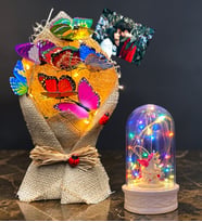 Kişiye Özel Fotoğraflı Led Işıklı Kelebek Buketi & Renkli Işıklı Unicornlu Fanus
