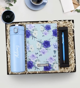 Kişiye Özel 450 ML Kilitli Dereceli Termos & Mavi Tasarım Defter & Touch Pen Hediye Seti