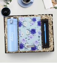 Kişiye Özel 450 ML Kilitli Dereceli Termos & Mavi Tasarım Defter & Touch Pen Hediye Seti
