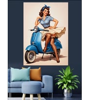 Retro Scooter Süren Pin Up  Kız Dekoratif Kanvas - Mdf Ahşap Tablo