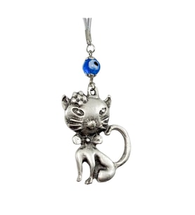 El Yapımı Lacivert Cam Nazar Boncuğu Metal Kedi Dikiz Ayna Süsü / Hediyelik Aksesuar