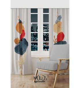 Japanese Stone Desenli Süet Oturma Odası Salon Fon Perde Baskılı Ekstrafor Büzgü 2 Kanat PRD-1109