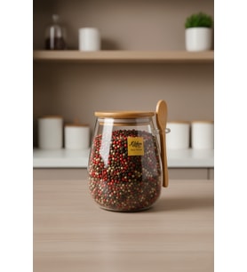 Bambu Kapaklı Cam Kavanoz 1000ML Baharat ve Erzak Saklama Kabı