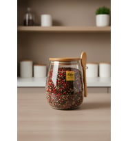 Bambu Kapaklı Cam Kavanoz 1000ML Baharat ve Erzak Saklama Kabı