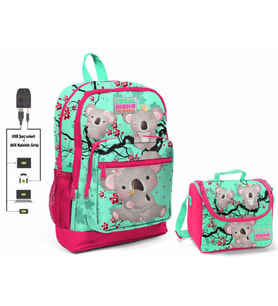 Coral High Yeşil Koala Baskılı Okul Çantası ve Beslenme Çantası Seti - Kız Çocuk - USB Soketli