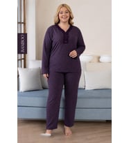 Derya Kadın Büyük Beden Dantel Yaka Bambu Uzun Kol İnce Pijama Takımı 8107M - 1 Adet