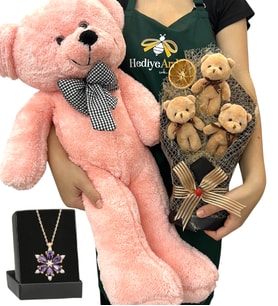 Premium Hediye Seti - Ametist Taşlı Lotus Kolye, 3'lü Ayıcık Buketi ve Pembe Peluş Ayıcık (Model 1)
