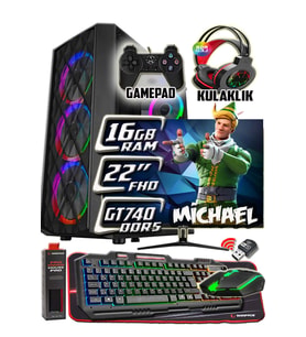 WarboX Michael 22"Monitör i3 9100 16gb DDR4 Ram 256gb Ssd 250gb Hdd GT740 DDR5-4gb E.kartı Gaming PC (Siyah)