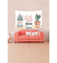Saksıda Kaktüs Desenli Leke Tutmaz Kadife Dokulu Kumaş Duvar Örtüsü Duvar Halısı Tapestry (Beyaz)