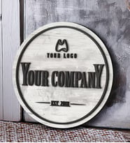 BK Gift Kişiye Özel Ahşap Logo Tabela – El Yapımı Yuvarlak Ahşap Ofis ve Mağaza Logosu, 3D Lazer Kesim İşletme Tabelası, Dekoratif Ahşap Duvar Süsü (Antik Beyaz)