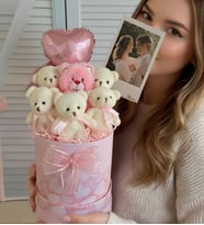Kişiye ÖZEL Fotoğraflı ve Mesajlı, Premium Pembe Kalpli Kutuda, Kalp Balonlu 6’lı Pembe Ayıcık Buketi  Anneler Gününe ÖZEL