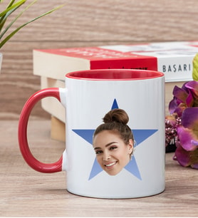 Kişiye Özel Mavi Yıldız Kafa Fotoğraflı Kırmızı Kupa Bardak
