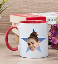 Kişiye Özel Mavi Yıldız Kafa Fotoğraflı Kırmızı Kupa Bardak