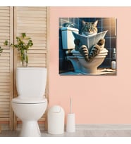 Tekli Kare Kanvas Banyo Tablosu Gazete Okuyan American Shorthair Kedi