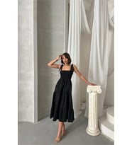 Neşeli butik kadın askılı poplin kumaş yazlık elbise NBG091 (Siyah)