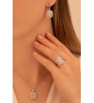 Kadın Gümüş Set - Kalp Model Kare Baget Taşlı Baget Süslemeli Rodyumlu Kadın Set