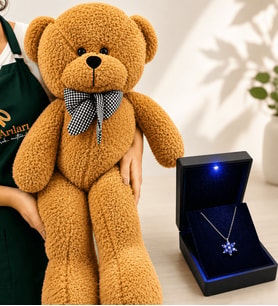 Işıklı Kutuda 925 Ayar Gümüş Ametist Taşlı Lotus Kolye ve 80 cm Kahve Peluş Ayıcık Hediye