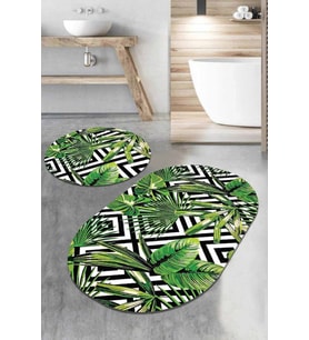 Yeşil Yapraklı Desen Oval Banyo Klozet Paspas Seti BS079