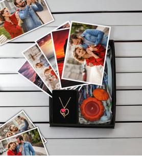 BK Gift Kişiye Özel 10 adet Fotoğraf Baskısı, Aşk Çiçeği Kalp Kolye ve Mini Kabak Taş Objeli Mum Hediye Seti, Sevgiliye Hediye, Yıl Dönümü Hediyesi