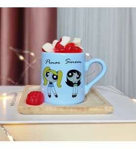 Power Puff Girls Tasarımlı Kişiye Özel Mavi Türk Kahvesi Fincan