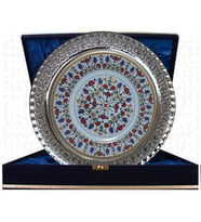 Armada Çini PRT 35 25 Cm Sarı Altın Yaldızlı Lale karanfil Desenli Gümüş Çerçeveli Porselen Çini Tabak