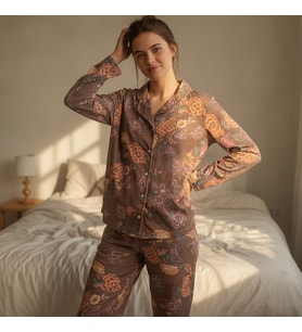 Kadın Giyim Önden Düğmeli Baskılı Pijama Takımı BB2671