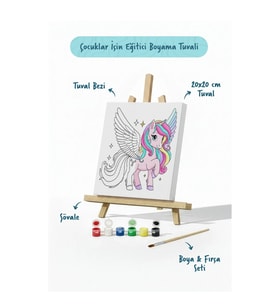 Kanatlı Unicorn Temalı Çocuk Boyama Tuvali – Şövaleli Eğitici Boyama Seti 20x20 cm
