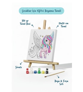 Kanatlı Unicorn Temalı Çocuk Boyama Tuvali – Şövaleli Eğitici Boyama Seti 20x20 cm