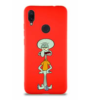 Xiaomi Redmi Note 7 Soft Premier Kapak Squidward Dokunaç Tasarımlı Silikon Kılıf - Kırmızı (Şeffaf)