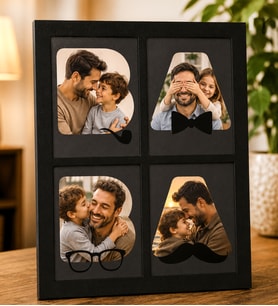 Kişiye Özel Masaüstü 4 Fotoğraflı BABA Tasarımlı Ahşap Siyah Mdf Resimli Kolaj Çerçeve Kişiye Özel Masaüstü Dekoratif Çerçeve