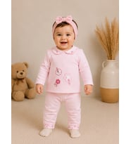 Kız Bebek Çiçek Nakışlı Uzun Kollu Takım - 0-3 AY / PEMBE
