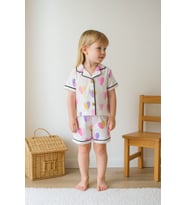 Kız Bebek Kalp Baskılı Düğmeli KIsa Kollu Şortlu Pijama Takımı - 6-9 AY / BEYAZ
