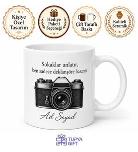 Sokak Fotoğrafçısına Analog Kamera Deklanşör Temalı Baskılı Kupa Bardak Hediye