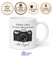 Sokak Fotoğrafçısına Analog Kamera Deklanşör Temalı Baskılı Kupa Bardak Hediye