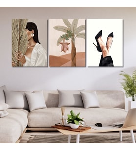 3'lü Kanvas Duvar Tablosu Boho Kadın ve Yaprak Tasarım