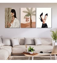 3'lü Kanvas Duvar Tablosu Boho Kadın ve Yaprak Tasarım