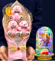 Kişiye Özel Renkli Led Işıklı Fanus ve Büyük Boy Pembe Ayıcık Buketi (Model 2)