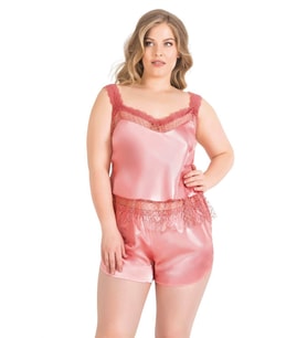 Primoda Büyük Beden Mercan Saten Babydoll Şort Takımı 1058