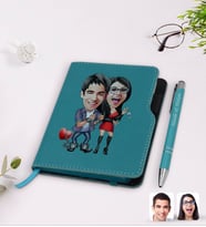 BK Gift Kişiye Özel Sevgililer Karikatürlü Turkuaz Termo Deri Defter Kalem Seti-1