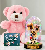 Kişiye Özel Yazılı 3 Fotoğraflı Renkli LED Işıklı Fanus(pandalı) ve Pembe Peluş Ayıcık Kadına Hediye Sevgiliye Hediye