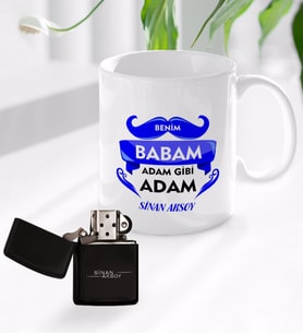 BK Gift Kişiye Özel Benim Babam Adam Gibi Adam Tasarımlı Kupa Bardak ve Benzinli Çakmak Seti - Model 1
