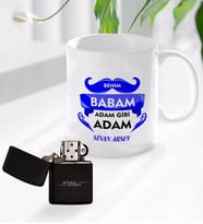 BK Gift Kişiye Özel Benim Babam Adam Gibi Adam Tasarımlı Kupa Bardak ve Benzinli Çakmak Seti - Model 1