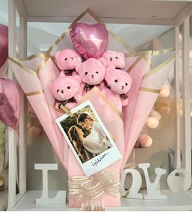 Kişiye ÖZEL Fotoğraflı ve Mesajlı Premium Balonlu Romantik Pembe Peluş Ayıcık Buketi - Sevgiliye Hediye