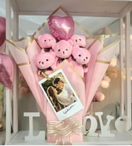 Kişiye ÖZEL Fotoğraflı ve Mesajlı Premium Balonlu Romantik Pembe Peluş Ayıcık Buketi - Sevgiliye Hediye