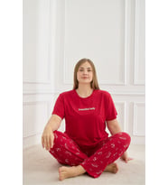 Kadın Desenli Kısa Kollu Esnek Yumuşak Dokulu Milan Kumaş Kırmızı Yazlık Büyük Beden Pijama Takımı