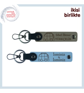Gezgin Ruhlara Yolculuk Temalı Anahtarlık, Karavan Figürlü 2’li Set, İsim Yazılı, Kül Gri-Gök Mavi