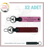 Özel İsim Plaka ve A Rh (-) Kan Grubu Yazılı Anlamlı Hediye, Deri x2 Anahtarlık Set, Pembe-Bordo-Syh