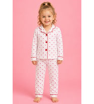Kız Çocuk Beyaz Kırmızı Kalp Desenli Önden Düğmeli Pijama Takımı