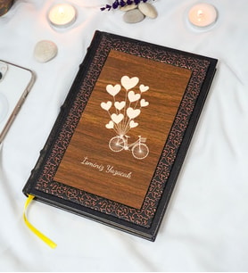 Bisiklet Desenli Termo Deri + Ahşap Anı Defteri - Çizgili Defter - Hediyelik (17x24 cm- 320 Sayfa)